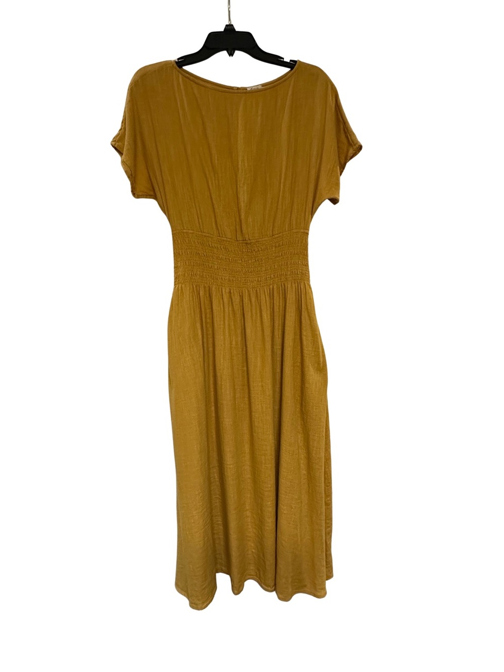 Faherty Mustard Gold Organic Cotton Midi Dress M Smocked Pockets Boho Resort